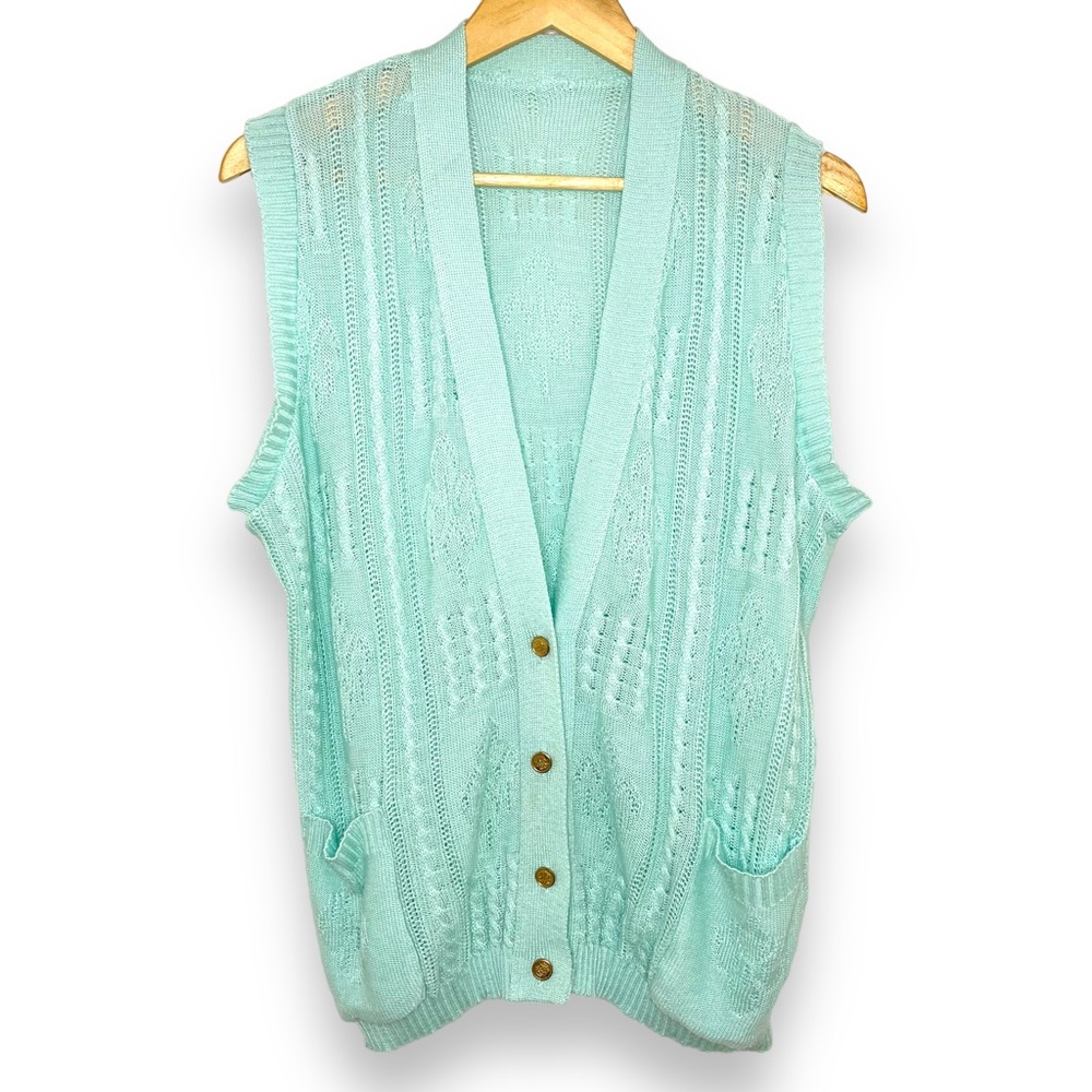 Teal Vintage Knit Sleeveless Button Down Vest